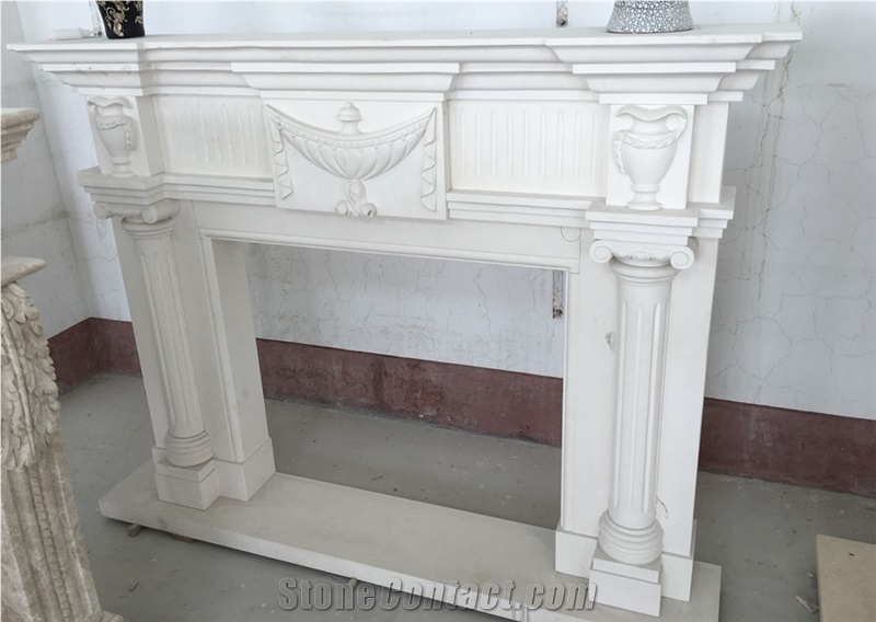 White Limestone Carved Indoor Fireplace Mantel
