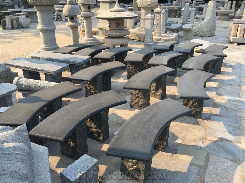 Black Granite Polished Garden Stone Curved Bench and Table , Outdoor Natural Stone Bench ,Exterior Garden Furniture