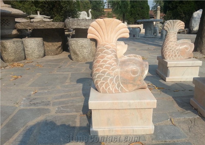 Hand Carved Stone Animal for Decoration in Garden, Sunset Marble Stone Carved Fish