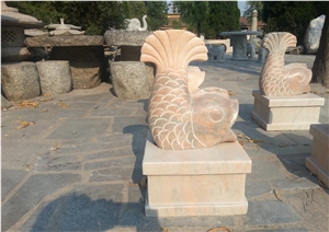 Hand Carved Stone Animal for Decoration in Garden, Sunset Marble Stone Carved Fish