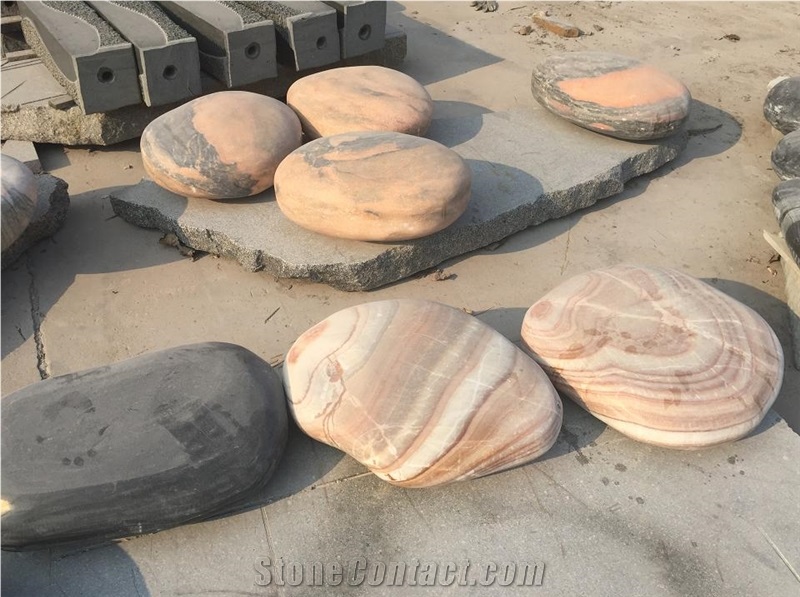 Large Polished Pebble Stone for Decoration in Garden , Striped Polished Pebble in Landscaping ,Sunset Marble Polished Pebble