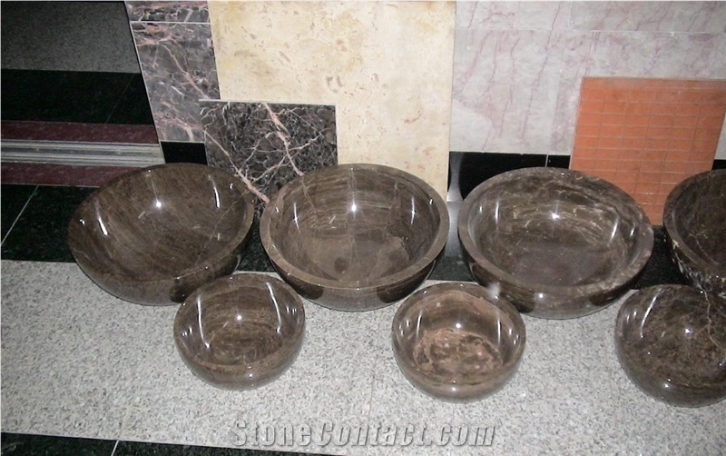 Polished Marble Round Water Basin in Bathroom ,Coffee Brown Marble Water Sink Indoor