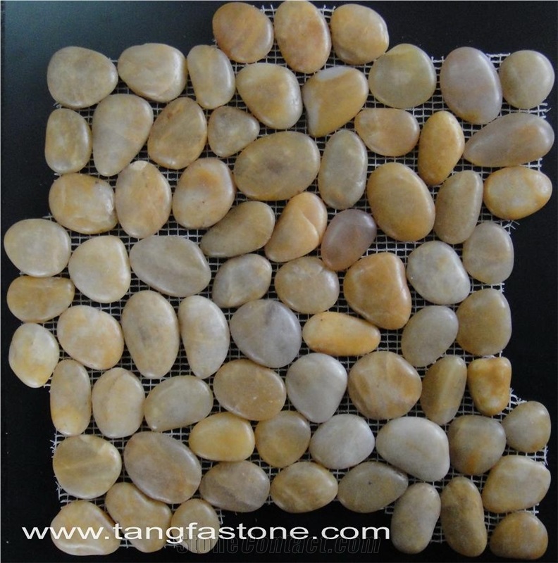 Yellow Pebble Stone Mosaic, Sliced Pebble Tiles in Bathroom , Pebble Stone Mosaic with Back Mesh for Wall Stone