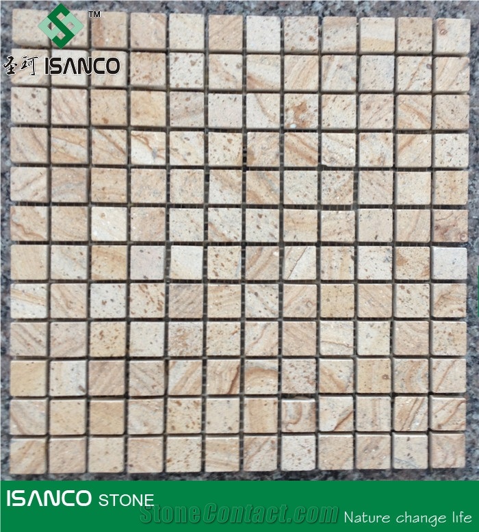 China Yellow Wood Vein Sandstone Brick Mosaic Wood Grain Sandstone Wall Mosaic Tumbled Mosaic Wooden Sandstone Floor Mosaic Yellow Sandstone Mosaic Pattern