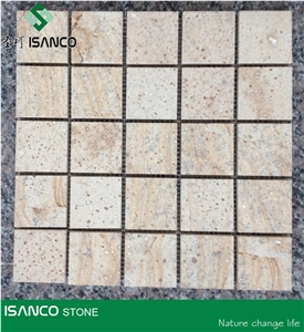 China Yellow Wood Vein Sandstone Brick Mosaic Wood Grain Sandstone Wall Mosaic Tumbled Mosaic Wooden Sandstone Floor Mosaic Yellow Sandstone Mosaic Pattern