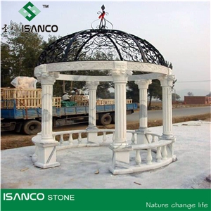 Natural White Marble Sculptured Garden Gazebos & Pavilions, Column Gazebo,Garden Gazebo with Iron Top,Western Style Gazebo,Marble Carved Gazebo,Sculptured Garden Gazebo, Landscaping Stones