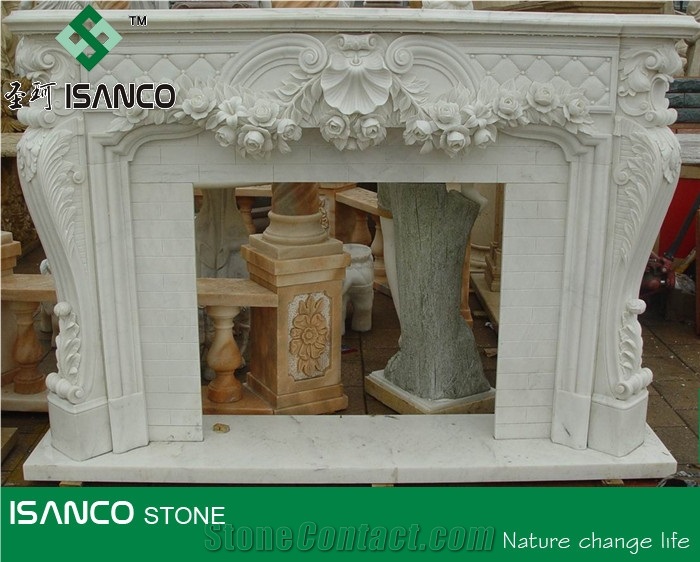 White Marble Sculptured Fireplace Custom Fireplace Decorating Hand Carved Fireplace Cover Handcarved Fireplace Modern Style Fireplace for Inner Decoration
