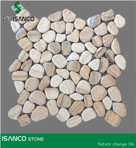 Yellow Sandstone Pebble Mosaic Wood Sandstone Wall Mosaic Wooden Sandstone Mosaic Pattern Tumbled Mosaic Cobble Stone Floor Mosaic for Interior Flooring and Wall Covering