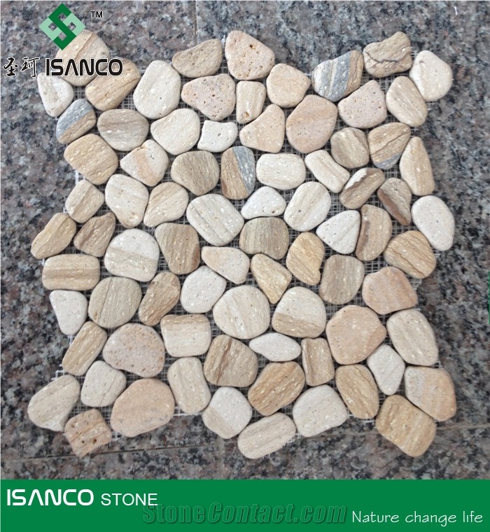 Yellow Sandstone Pebble Mosaic Wood Sandstone Wall Mosaic Wooden Sandstone Mosaic Pattern Tumbled Mosaic Cobble Stone Floor Mosaic for Interior Flooring and Wall Covering
