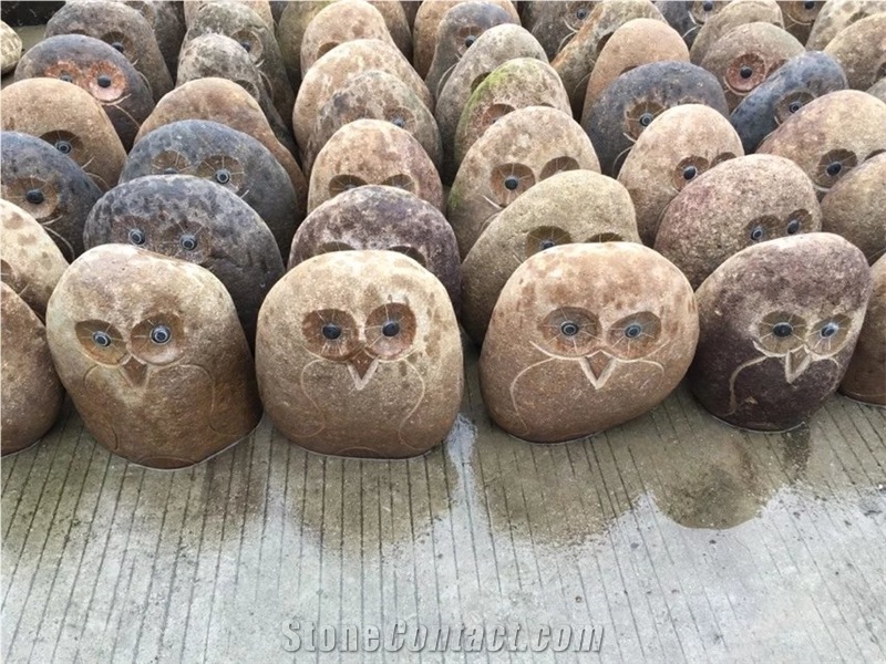 River Coppele Stone Natural China Owl Carving Handcrafts, Beige Granite Animal Sculptures