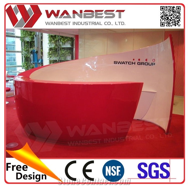 Solid Surface High End Red Gloss Round New Design Office Reception Desk Reception Counter