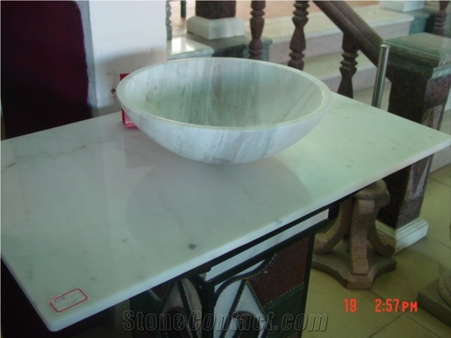 Natural Stone Bathroom Wash Sinks, Garden Vessel Round Basins, White Marble Round Sink, Outdoor & Indoor Polished Surface Wash Bowls Oval Basins with Stone Base