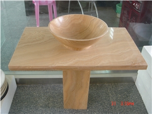 Natural Stone Bathroom Wash Sinks, Kitchen Vessel Round Basins, Yellow Marble Garden Decoration Round Sink, Outdoor & Indoor Polished Surface Wash Bowls Oval Basins with stone base