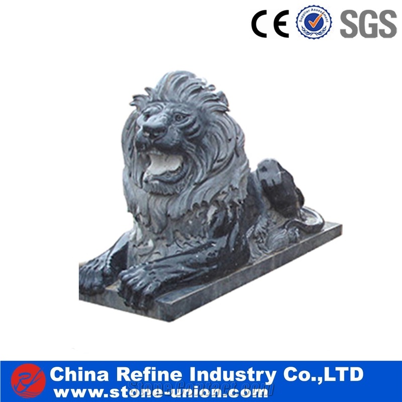 Hand Carved Black Marble Chinese Lion, Black Marble Sculpture & Statue