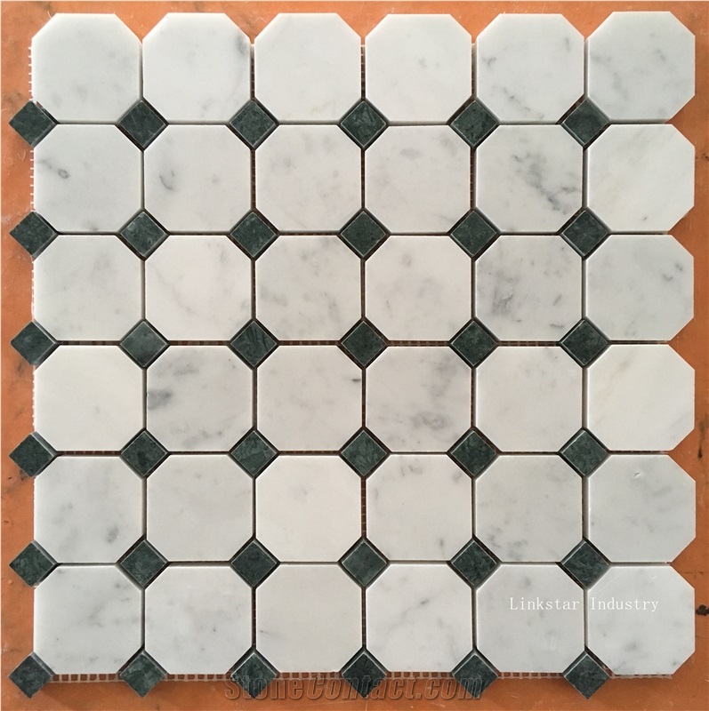 Dark Green & White Carrara Marble Mosaic Tiles