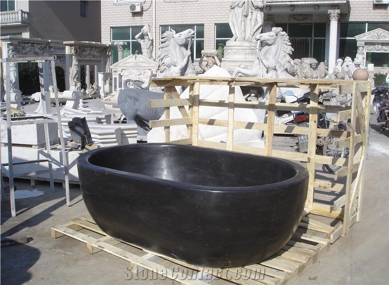 Polished Black Marble Oval Bathtub