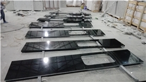 Prefabricated Polished China Nero Absolute Black Granite Kitchen Countertops with Oval Sink, Strong Shanxi Black Granite Stone Project Island Tops