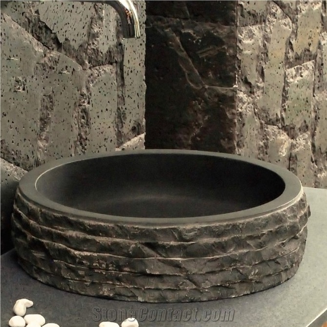 16 Round Chiseled Black Basalt Bathroom Vessel Sink
