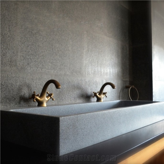 Concrete Floating Bathroom Trough Sink Metal Double Handle Wall