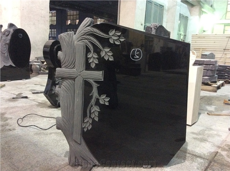 Cross and Tree Shanxi Black Granite Monuments, Engraved Tombstones
