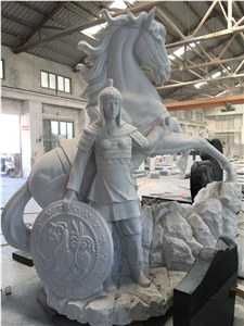 Handcarved Horse and Soldier White Marble Statue