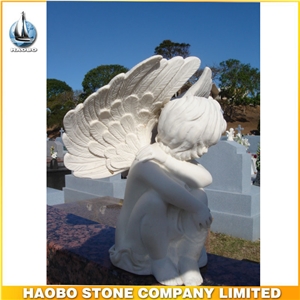 Lovely White Marble Stone Little Angel Statue with Wings