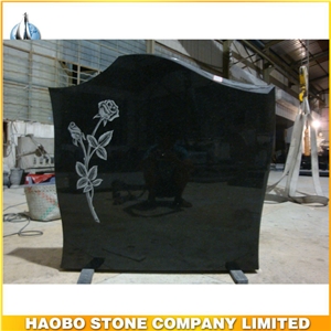 Simple Upright Flower Carved Black Granite Gravestone