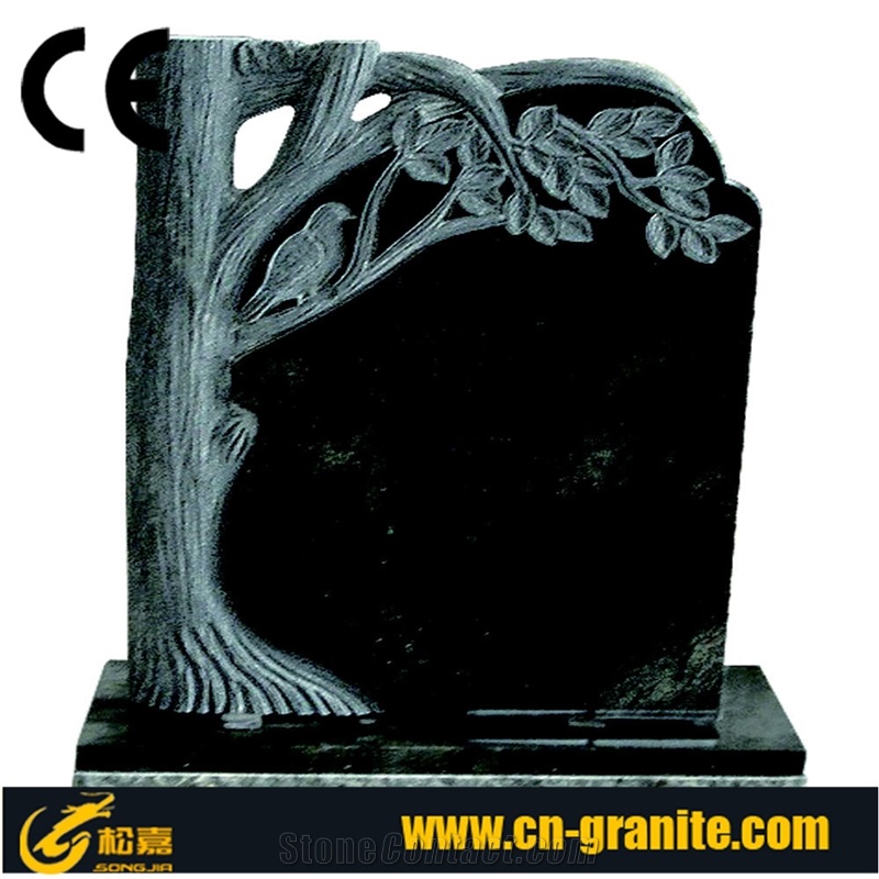 China Black Granite Tree Carving Headstones,Cemetery Engraved Tombstones, Memorial Stone Gravestone,Custom Tombstone Monument Design, Western Style Single Monuments