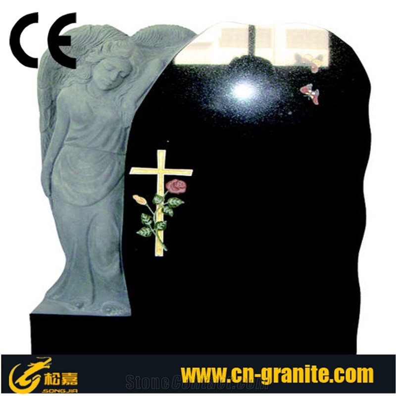 China Shanxi Black Granite Tombstone, Angle Hold the Heart Monument,Polished and Carving Headstone, Jewish Style, Upright and Engraved Cemetery Gravestone,Western Design,Styles Mausoleums, Urns& Vases