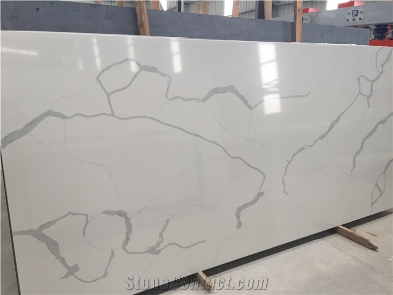 Bst Calacatta White Quartz Stone Slab for Pre-Fabricated Tops Customized Countertop Stylish Performance Of Veined Movement and Pattern