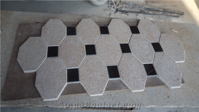 Hexagon Shape Flamed Gold Sunset Mixed Square Black Granite Stone Exterior Floor Pattern Design