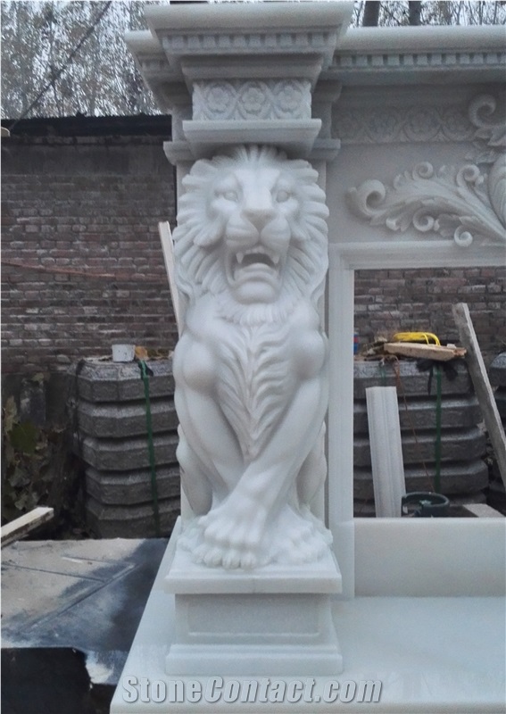 Lion fireplace  Pure White Marble Fireplace Mantel / Fireplace Surrond Covering
