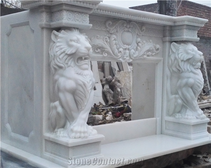 Lion fireplace  Pure White Marble Fireplace Mantel / Fireplace Surrond Covering