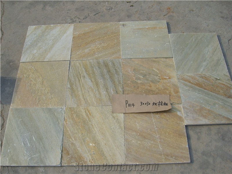 China Yellow Slate Tiles & Slabs / Yellow Wood Vein Slate Wall/Floor Tiles