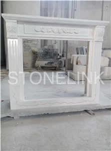 Handcarved Fireplace Mantel, Volakas Marble Sculptured Fireplace, Greece White Marble
