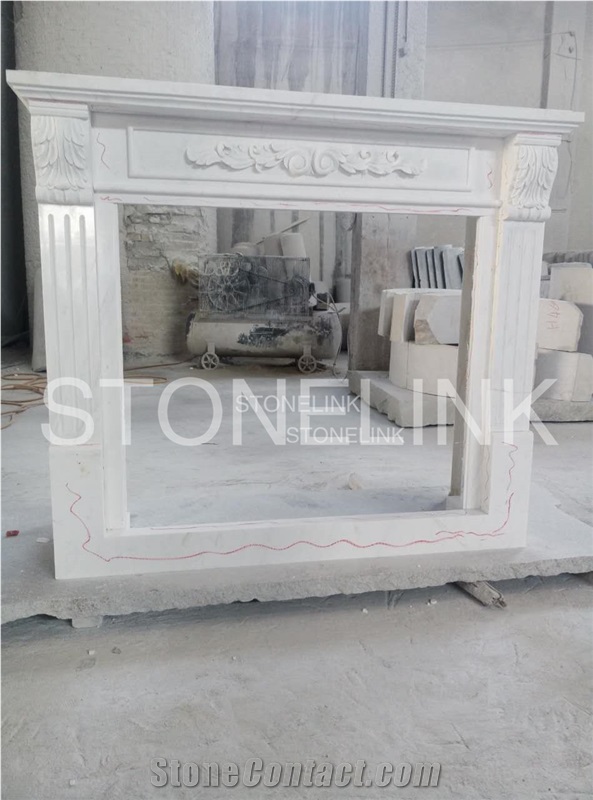 White Marble Fireplace Mantel, Greece Volakas White Handcarved Fireplace, Modern Style Fireplace