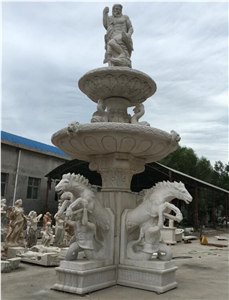 White Marble Horse Statue Double Tiers Sculpture Water Fountains
