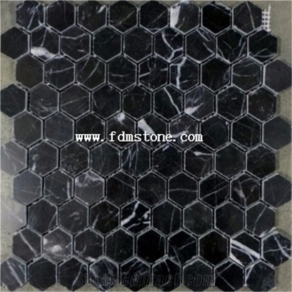 2" Hexagon Black Marble Polished Mosaic for Spa and Pool Design