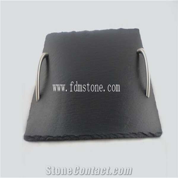 Black Natural Slate Tray with Stainless Steel Handle