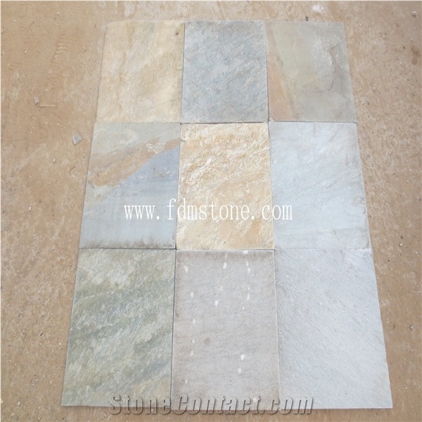 China Multi P014 Coping Stone Pool Slate Natural Split Tiles, P014 Golden Yellow Wooden Slate Paving Flooring and Walling Tiles