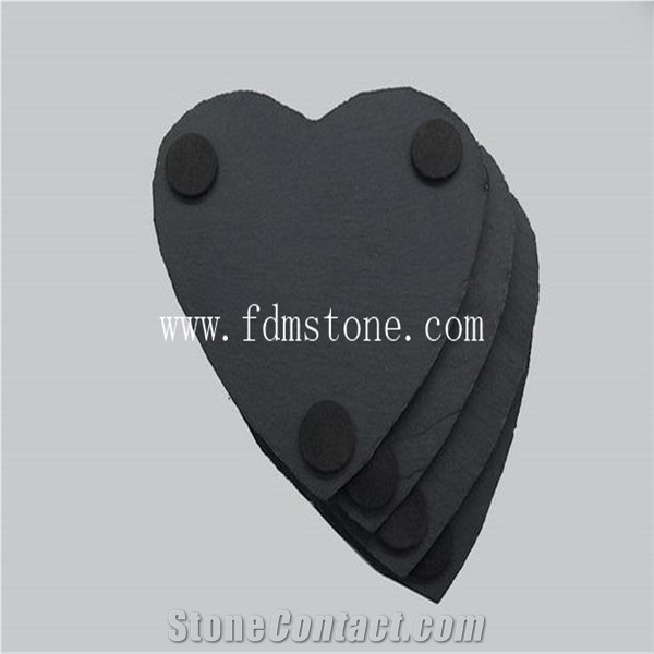 Factory Direct Heart Shape Black Slate Coaster Cup Mat, Cup Holder,Natural Cup Mat,Slate Stone Coaster