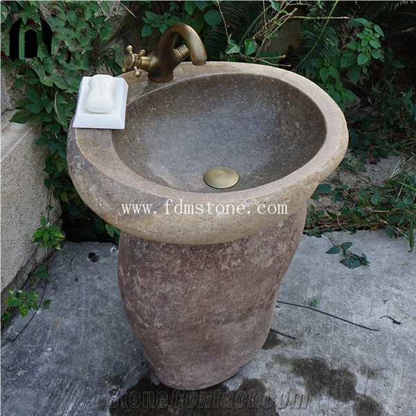Natural Brown Limestone Stone Pedestal Basins, Outdoor Sinks