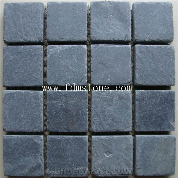 Natural Split Surface Finishing Black Slate Floor Tile Tumbled Stone,Square Pattern Black Meshed Cobblestone