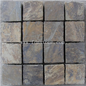 Natural Split Surface Finishing Black Slate Floor Tile Tumbled Stone,Square Pattern Black Meshed Cobblestone
