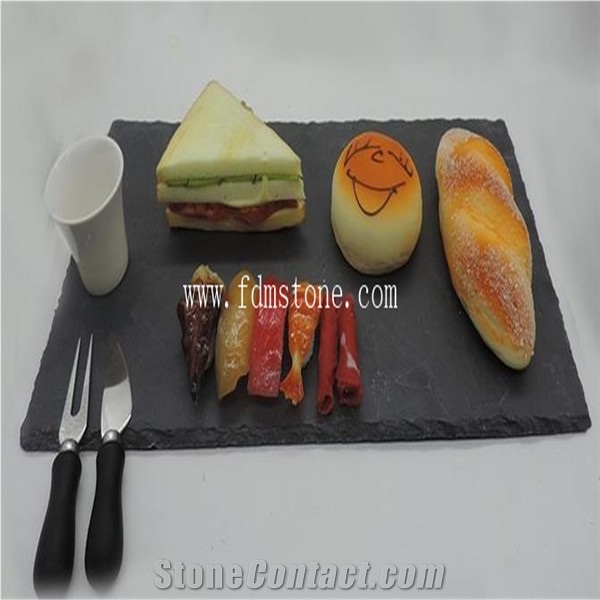 Natural Stone Slate Black Hand Slate Rectangular Tray with Handle Slate Cheese Board with Handles