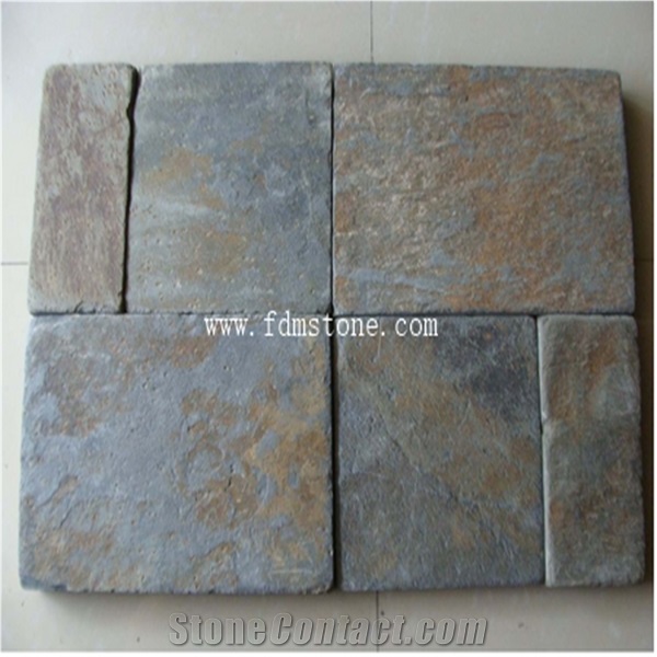 Rust Slate Tumbled Cube Stone, Stone Pavers,Multicolor Slate Courtyard Road Pavers,Natural Slate Paving Stone for Driveway,Walkway