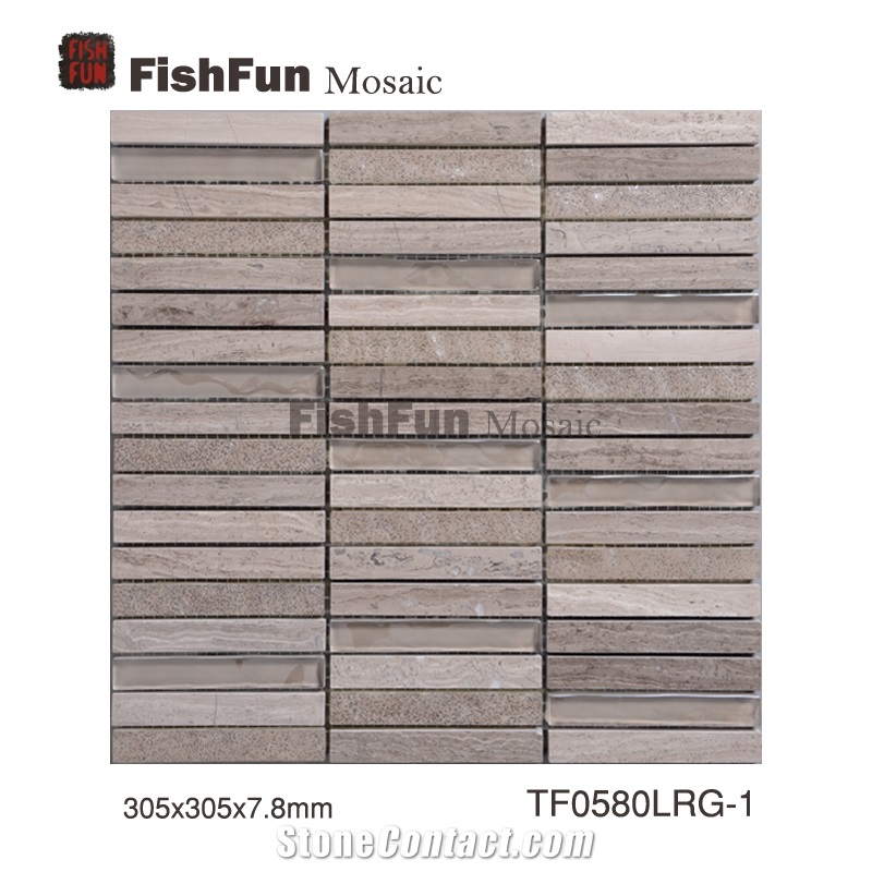 Marble and Glass Mosaic 15*100*7.8, Grey Wood Grain Marble Mosaic, Grey Marble and Glass Mosaic, Polished Surface, Garden & Balcony Marble and Glass Mosaic, Kitchen Marble and Glass Mosaic, Elevator