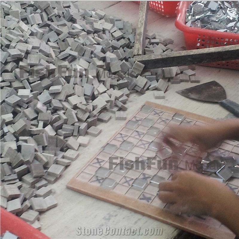 Marble and Glass Mosaic 15*100*7.8, Grey Wood Grain Marble Mosaic, Grey Marble and Glass Mosaic, Polished Surface, Garden & Balcony Marble and Glass Mosaic, Kitchen Marble and Glass Mosaic, Elevator