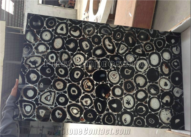 Hot Sale Black Agate Semiprecious Stone Big Slabs & Tiles & Gangsaw Slab & Strips & Customized & Wall/Floor Covering Tiles/Black Semi Precious Stone Panels/Black Stone Flooring/Interior Decoration