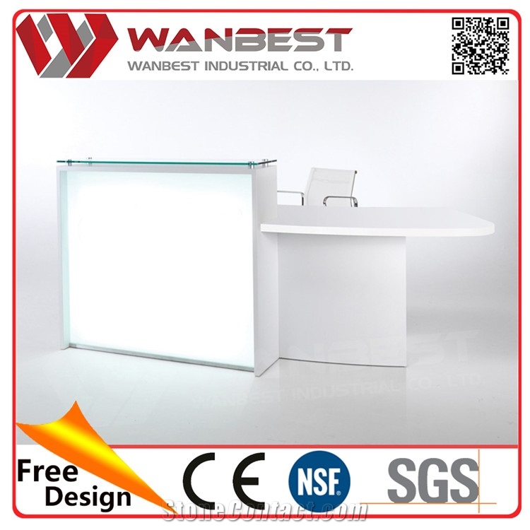 1 Person White Solid Surface Glass Top Small Office Reception Desk for Salon
